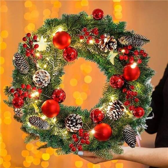 Christmas Wreath, 16 inch Artificial Wreath with Lights, for Front Door - Picture 6 of 7